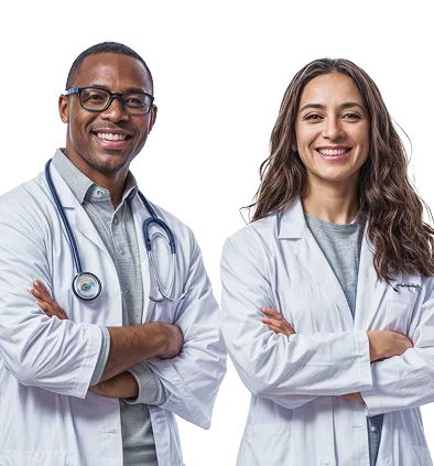 Two Telederm clinicians smiling in white coats