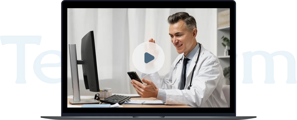 Telederm telehealth consultation shown on a laptop screen
