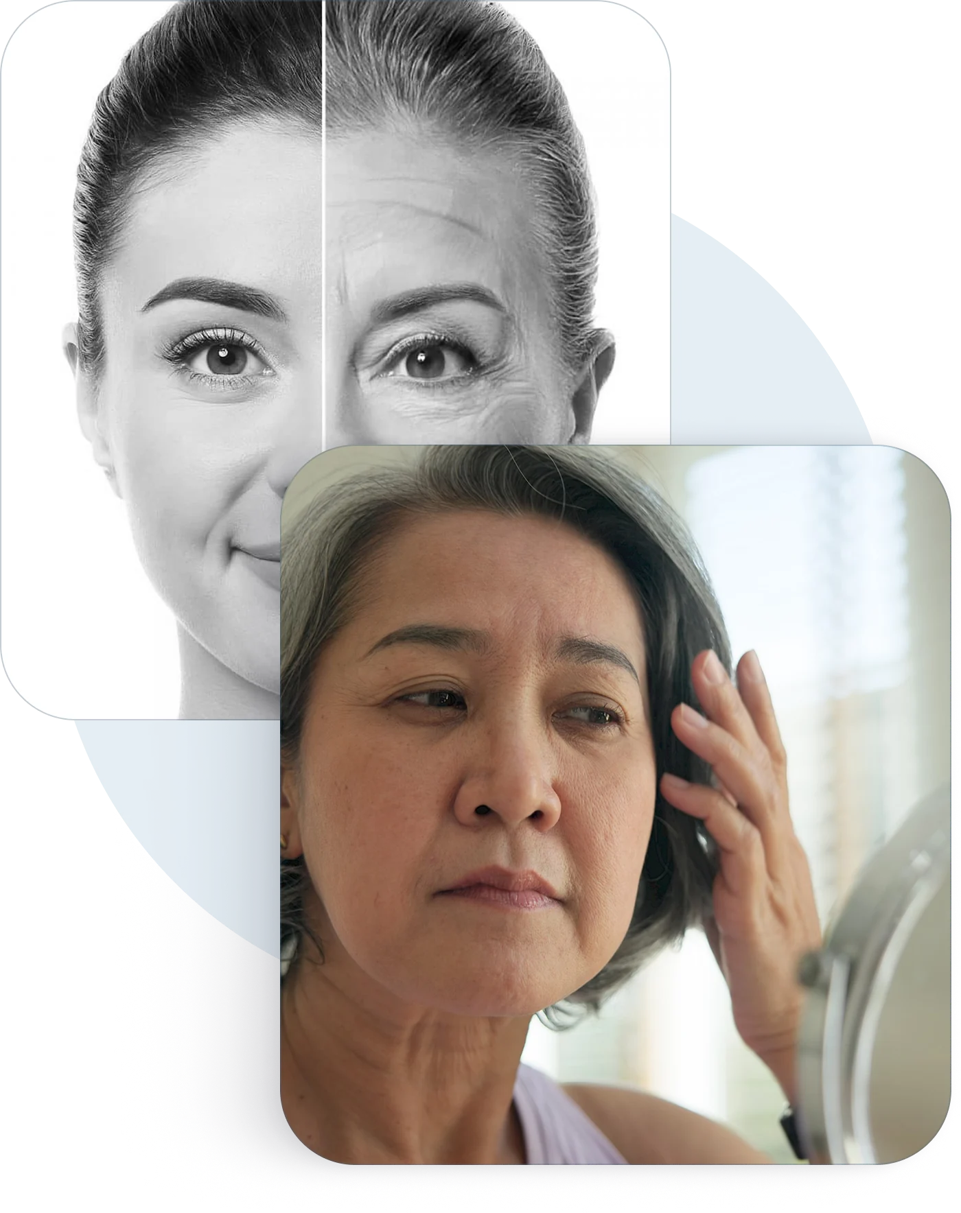 A woman comparing her skin, and a woman checking fine lines in a mirror