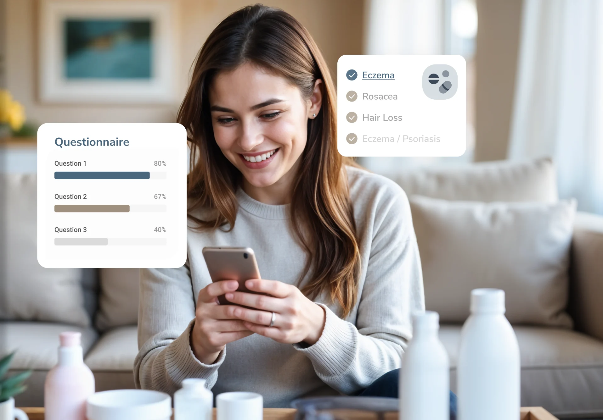 Patient completing an online eczema questionnaire on her phone
