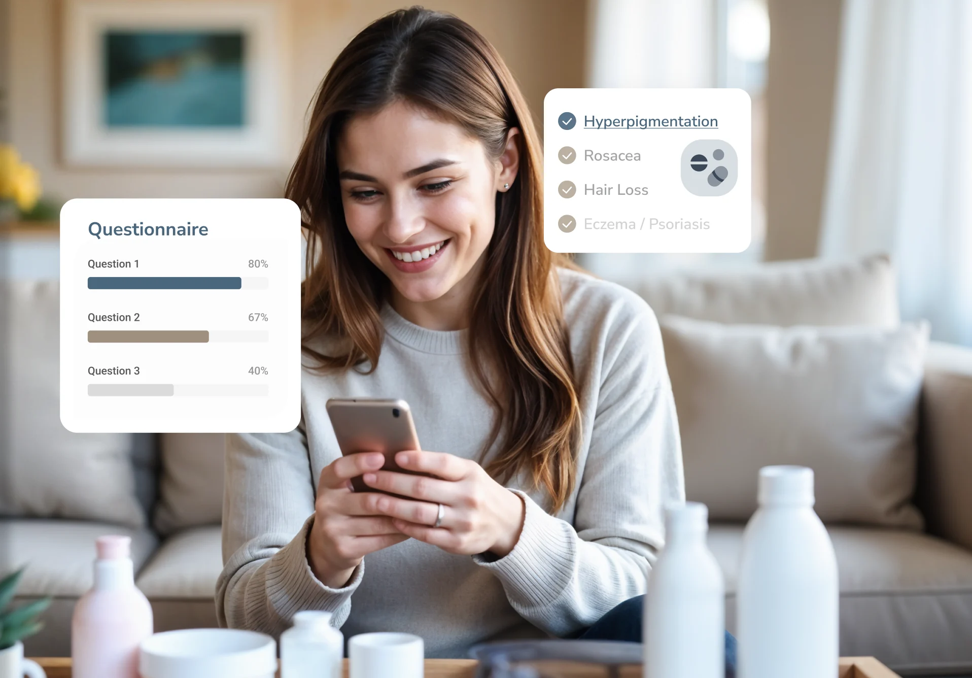 Patient completing an online hyperpigmentation questionnaire on her phone