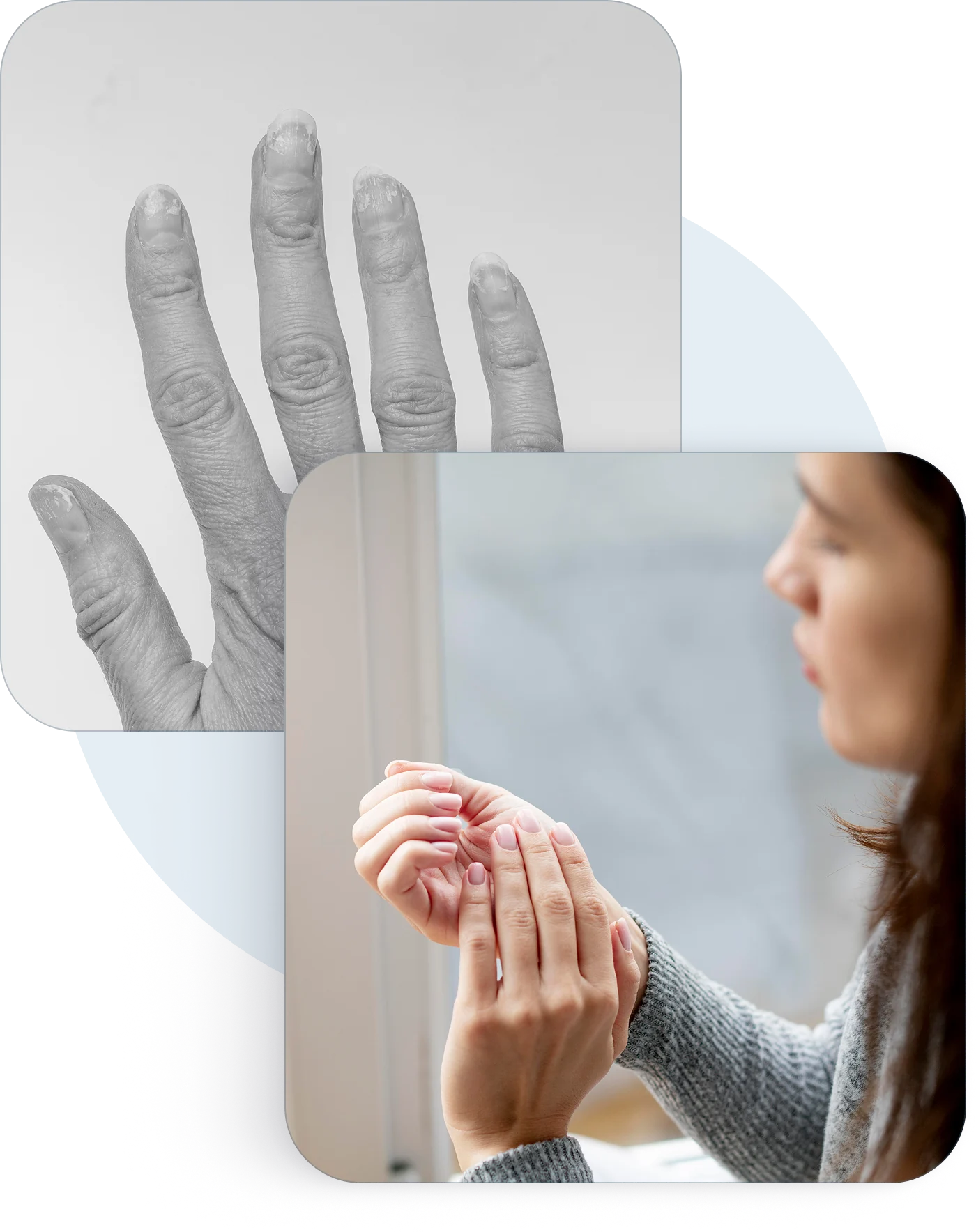 A woman looking at her fingernails, and a close-up of a hand