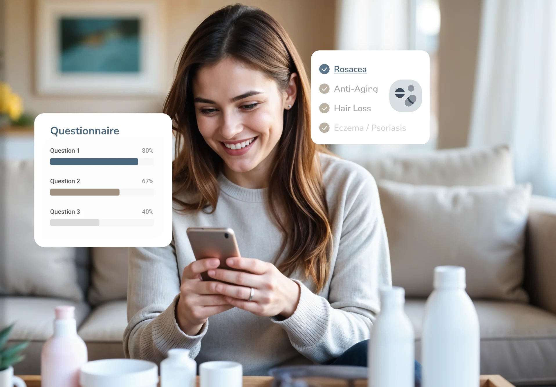 Patient completing an online rosacea questionnaire on her phone