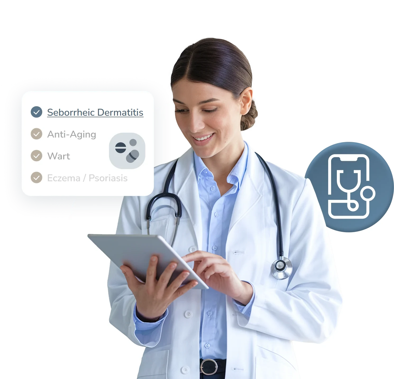 Telederm clinician reviewing a patient's case on a tablet