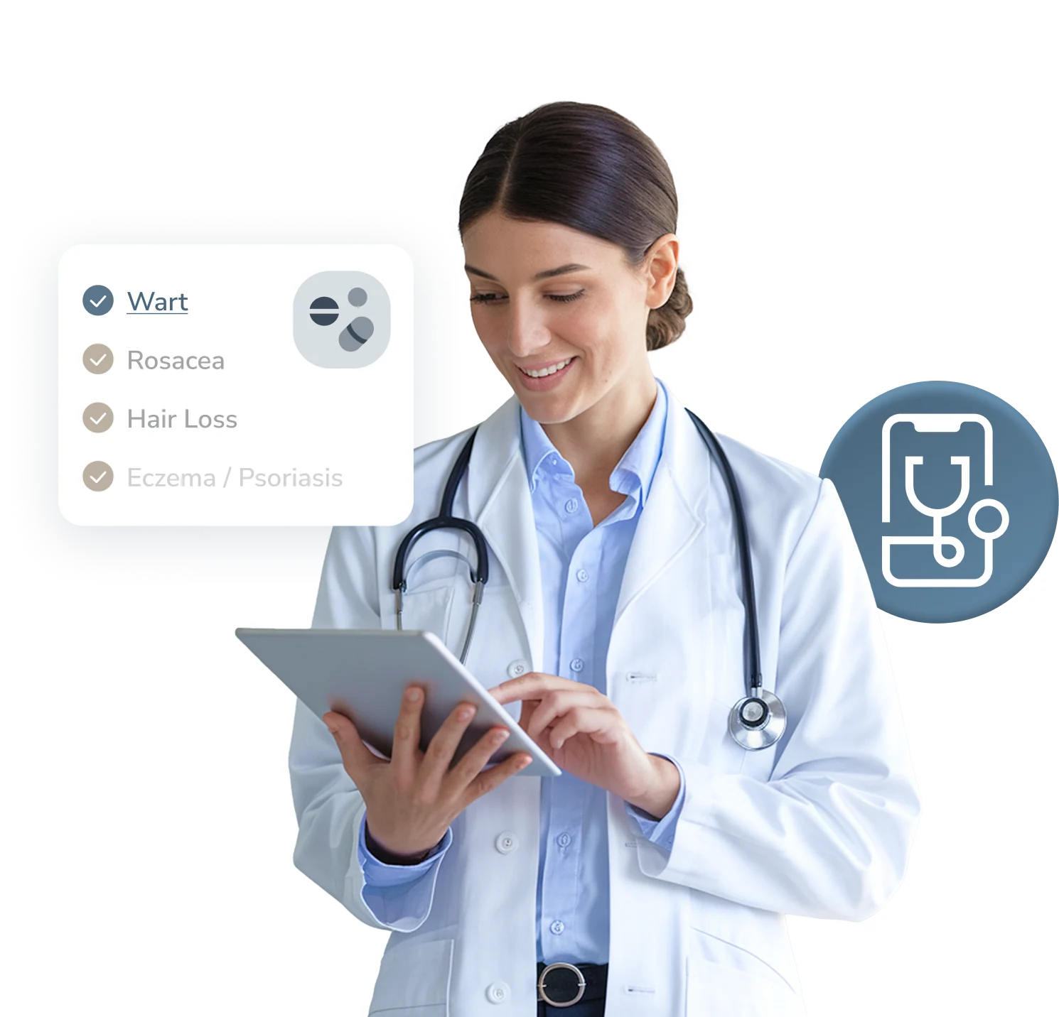 Telederm clinician reviewing a patient's case on a tablet